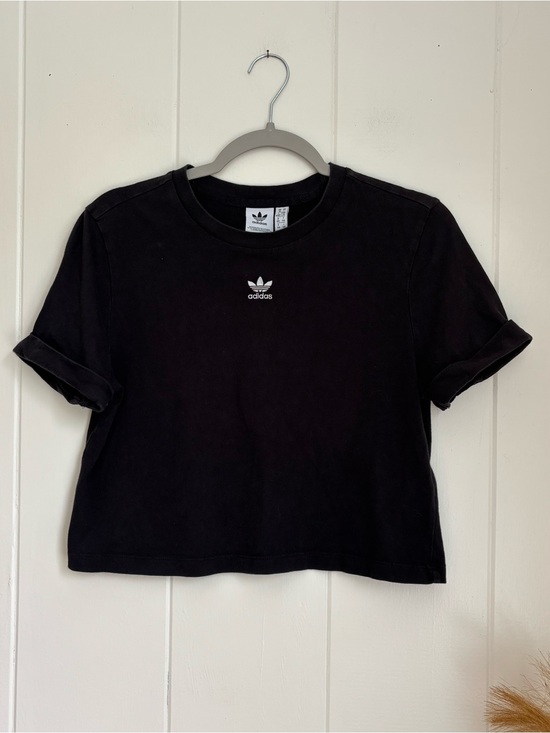 adidas Tops - adidas Black Cropped Short Sleeve Tee with White Trefoil Logo